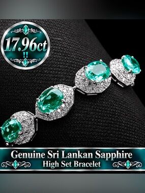 17.96ct Sapphire Sea Green Blue white sapphire Bracelet 14k on Sterling